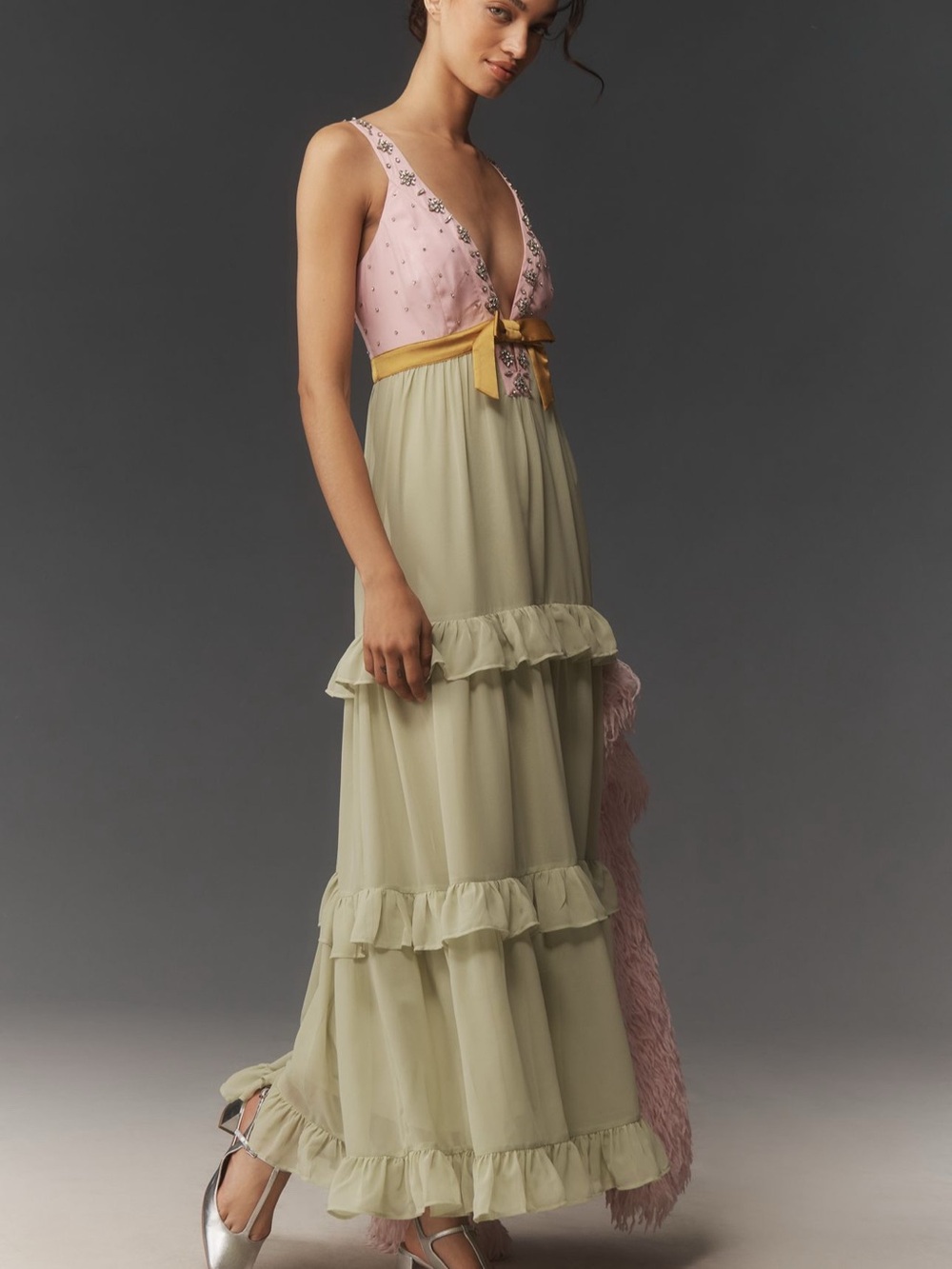 Anthropologie Maeve Embellished Deep V TieredRuffle Maci Dress